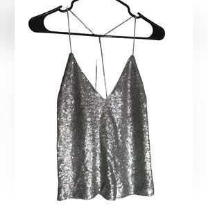Maddy K Silver Sequin V Neck Crop Top Size Large
